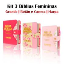Kit 3 - Bíblias Sagrada Feminina Média Botão e Caneta ARC - João Ferreira de Almeida