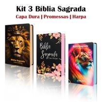 Kit 3 Biblias Sagrada Letra Gigante - Capa Dura Leão - Palavras de Jesus em Vermelho - C/ Harpa - REI DAS BIBLIAS