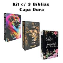 Kit 3 Biblias Sagrada Letra Gigante - Capa Dura Leão - Palavras de Jesus em Vermelho - C/ Harpa - REI DAS BIBLIAS