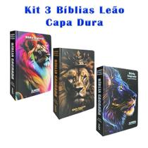 Kit 3 Biblias Sagrada Letra Gigante - Capa Dura Leão - Palavras de Jesus em Vermelho - C/ Harpa - REI DAS BIBLIAS