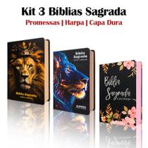 Kit 3 Biblias Sagrada Letra Gigante - Capa Dura Leão - Palavras de Jesus em Vermelho - C/ Harpa