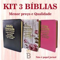 Kit 3 Bíblias Sagrada Letra Grande - Luxo Variadas - c/ Harpa - 12x16cm - REI DAS BIBLIAS