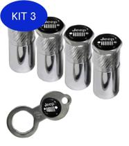 Kit 3 Bico Pneu Cromado Pino Roda Válvula Antifurto Jeep Metal