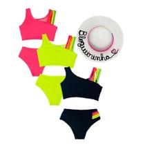 Kit 3 bikini Infantil + Chapéu De Praia Traje De Banho Moda Piscina Verão