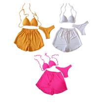 Kit 3 Biquíni Com Short Malha Canelada Brilhante Premium - Praia
