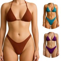 Kit 3 Biquini Cortininha Canelado De Amarrar Calcinha Asa Delta Sutiã Sem Bojo
