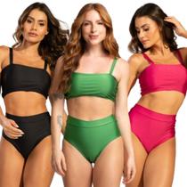 KIT 3 Biquíni Hot Pant Básico Vekyo Top Faixa Cintura Alta Confortavel Moda Praia Feminina