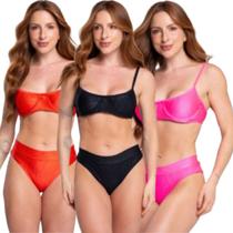 KIT 3 Biquini Meia Taça Canelado Básica Vekyo Top Faixa Amarração Confortavel Moda Praia