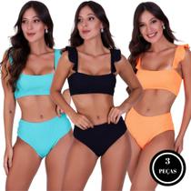 Kit 3 Biquini Sem Bojo Cintura Alta Hot Pant Texturizado - c14 KIT 3 DAIANA AZUL PRETO LARANJA