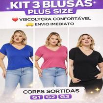 Kit 3 blusa basica feminina gola v viscolycra plus size Blusa Soltinha Manga Curta Tamanho Grande Confortável