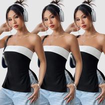 Kit 3 Blusa Blusinha Feminina sem alça Faixa Bicolor Visco Fenda Casual