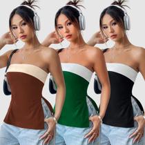 Kit 3 Blusa Blusinha Feminina sem alça Faixa Bicolor Visco Fenda Casual