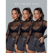 Kit 3 Blusa Body Feminino Tule Sexy Luxo Gola Alta Manga Longa