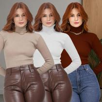 Kit 3 Blusa Cacharrel Feminina Manga Longa Gola Alta Suéter