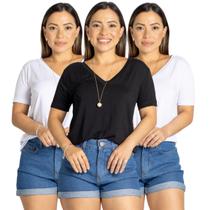 Kit 3 Blusa Camiseta Básica Feminina Manga Curta