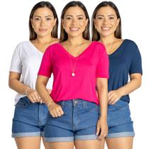Kit 3 Blusa Camiseta Básica Feminina Manga Curta