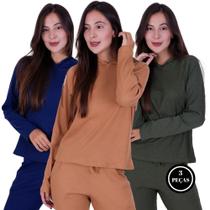 Kit 3 Blusa de Inverno Manga Longa Casaco Canelado Feminino Comfy com Capuz-c6 KIT 3 CASACO ESTHER