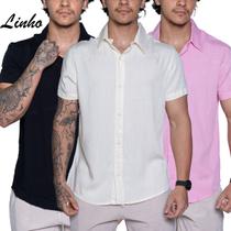 Kit 3 Blusa de linho Camisa Masculina para verão praia manga curta fresca moda