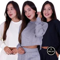 Kit 3 Blusa de Moletom Feminina Manga Longa Moletinho - c9 KIT 3 SAMANTA PRETO CINZA BRANCO