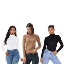 Kit 3 Blusa Feminina Cacharrel Justa Manga Longa Gola Alta Basica Frio