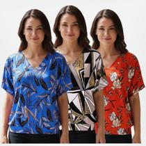 Kit 3 Blusa Feminina Elegante Decote Gola V Manga Morcego Estampada