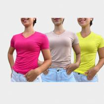 Kit 3 Blusa Feminina Gola V Manga Curta Tshirt Basica Blusinha Cores Diversas