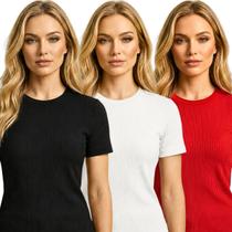 Kit 3 Blusa Feminina Malha Canelada Premium Slim Fit Camiseta Básica Casual Moderna Academia Treino