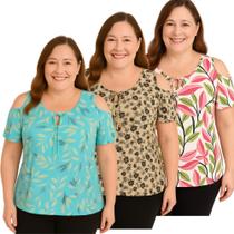 Kit 3 Blusa Feminina Malha Fria Estampadas Senhora Plus