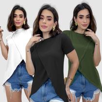 Kit 3 Blusa Feminina Manga Curta Transpassada Viscolycra Kit 3 Blusa Feminina Manga Curta Transpassada Viscolycra