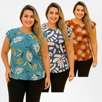 Kit 3 Blusa Feminina manga Fla Elegante Malha Liganete