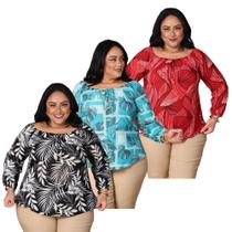 Kit 3 Blusa Feminina Manga Longa Confortável Senhoras Dia a Dia