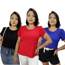 Kit 3 Blusa Feminina Manga Princesa Tulipa Crepe Duna Nova Aurora