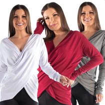 Kit 3 Blusa Feminina Transpassada Cruzada Manga Longa Frio