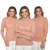 Kit 3 Blusa Feminina Tricô Deconte V Gola Alta Manga Botão Lã Lisa Inverno