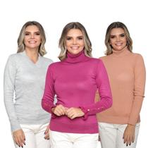 Kit 3 Blusa Feminina Tricô Decote V Gola Alta Manga Botão Lã Lisa Inverno