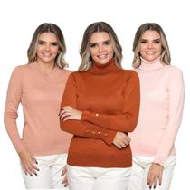 Kit 3 Blusa Feminina Tricô Decote V Gola Alta Manga Botão Lã Lisa Inverno