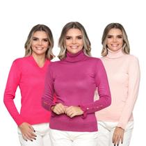 Kit 3 Blusa Feminina Tricô Decote V Gola Alta Manga Botão Lã Lisa Inverno