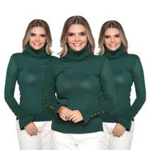 Kit 3 Blusa Feminina Tricô Gola Alta Manga Longa Lã Botão na Manga