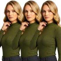 Kit 3 Blusa Gola Alta Feminina Canelada Manga Longa Cacharrel Casual Frio Inverno