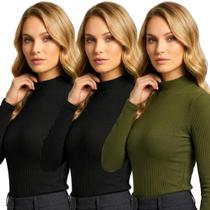 Kit 3 Blusa Gola Alta Feminina Canelada Manga Longa Cacharrel Casual Frio Inverno Kit 3 Blusa Gola Alta Feminina Canelada Manga Longa Cacharrel Casual Frio Inverno