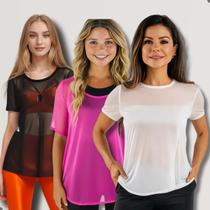 Kit 3 Blusa Lisa Feminina Tule Academia Transparente Tshirt