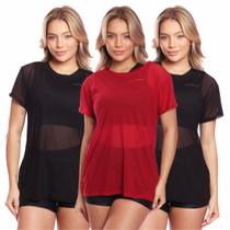 Kit 3 Blusa Manga Curta Tule Transparente Treino Academia Fitness