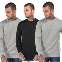 Kit 3 Blusa Moletom Careca Masculino Flanelado Liso Básico Gola Redonda