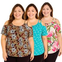 Kit 3 Blusa Ombro Vazado Feminina Malha Fria Liganete Estampadas