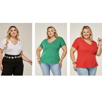 Kit 3 Blusa Plus size Feminina T Shirt Manga Curta Decote V Básica Soltinha Academia Dia a Dia Blusa Grande Feminina
