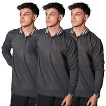 Kit 3 Blusa Polo Meio Zíper Masculino Manga Longa 100 Poliéster Outono Inverno Diversas Cores