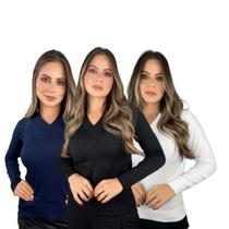 Kit 3 Blusa Trico Basica Feminina Decote V Manga Longa