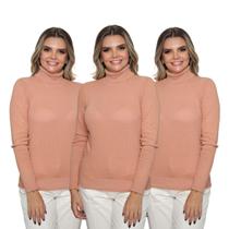 Kit 3 Blusa Tricot Feminina Gola Alta Cacharrel Manga Longa Inverno 2024