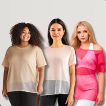 Kit 3 Blusa Tule Feminina Academia Transparente Tshirt Lisa