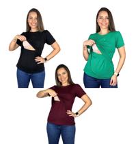 Kit 3 Blusas Amamentação Diversas Cores Premium T-shirt Gestante Amamentar Manga Curta